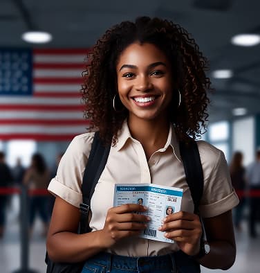 Student holding her boarding pass and ID at the airport